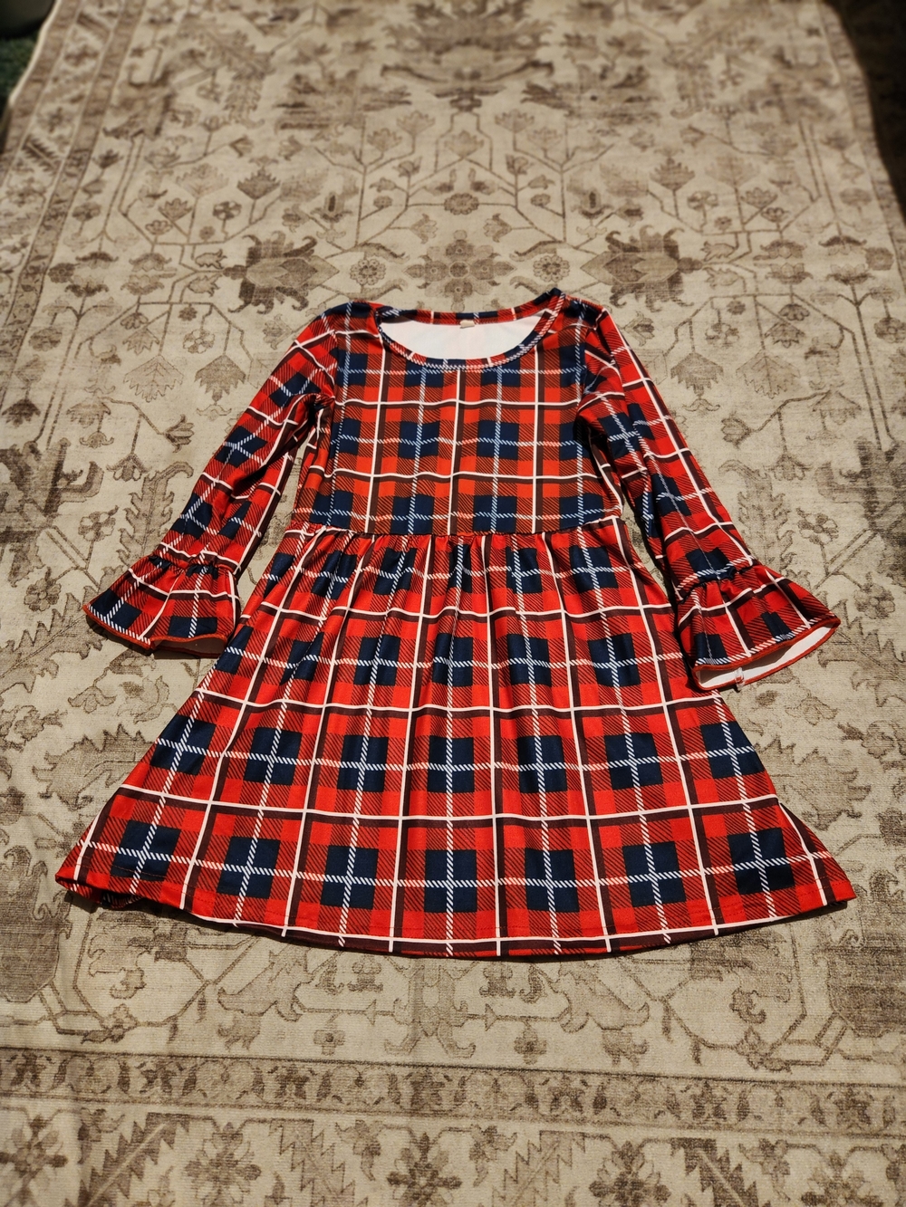 Girls Red Plaid Ruffle-Sleeve Dress